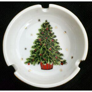 VTG Ashtray Christmas Tree Gold Trim Snowflake Ceramic Holiday George Good Japan
